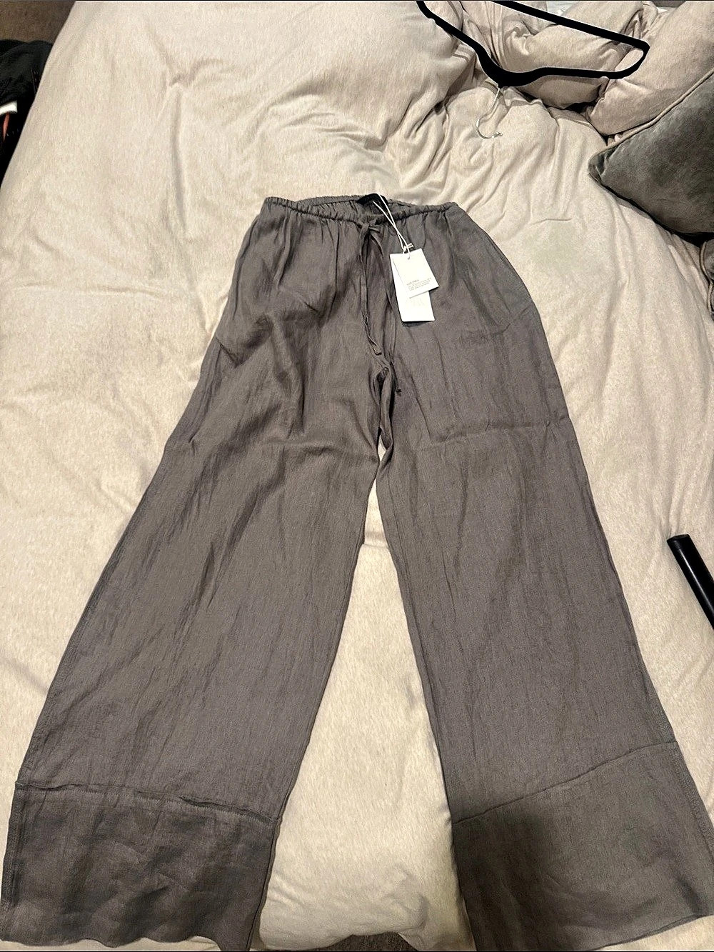 Zara 100% Linen Pants Wide Leg Pants in Gray Size Medium NWT